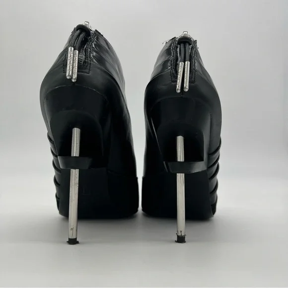 L.A.M.B.Black Patent Leather Open Toe Ankle Boots Silver Stiletto Heel Modern - Picture 5 of 13